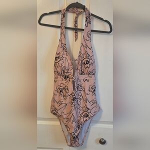 Women's size 1X V-Neck Swimsuit Floral Light Pink Black One Piece Bathing Suit